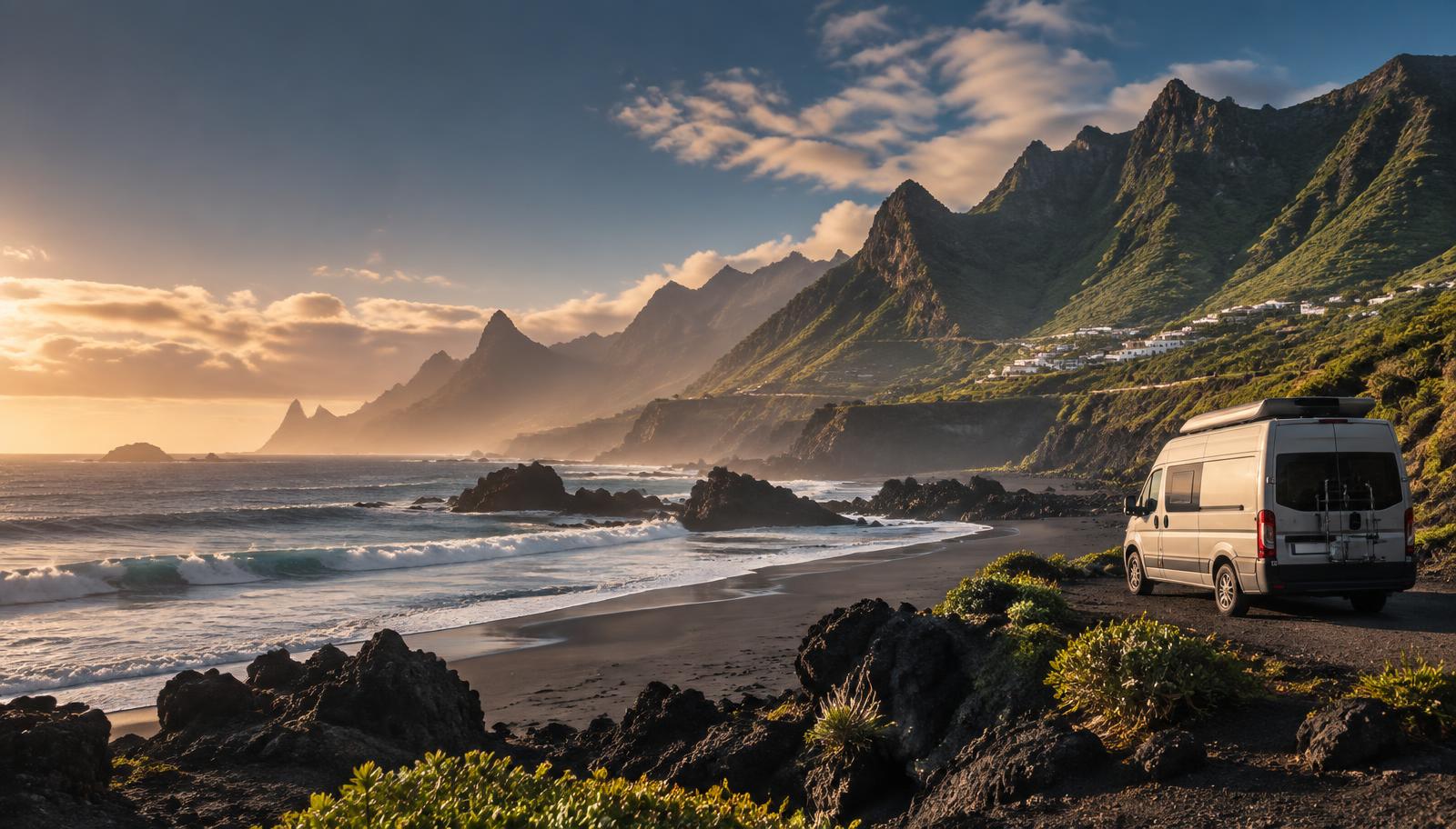 Camper an einem schwarzen Vulkanstrand auf Teneriffa