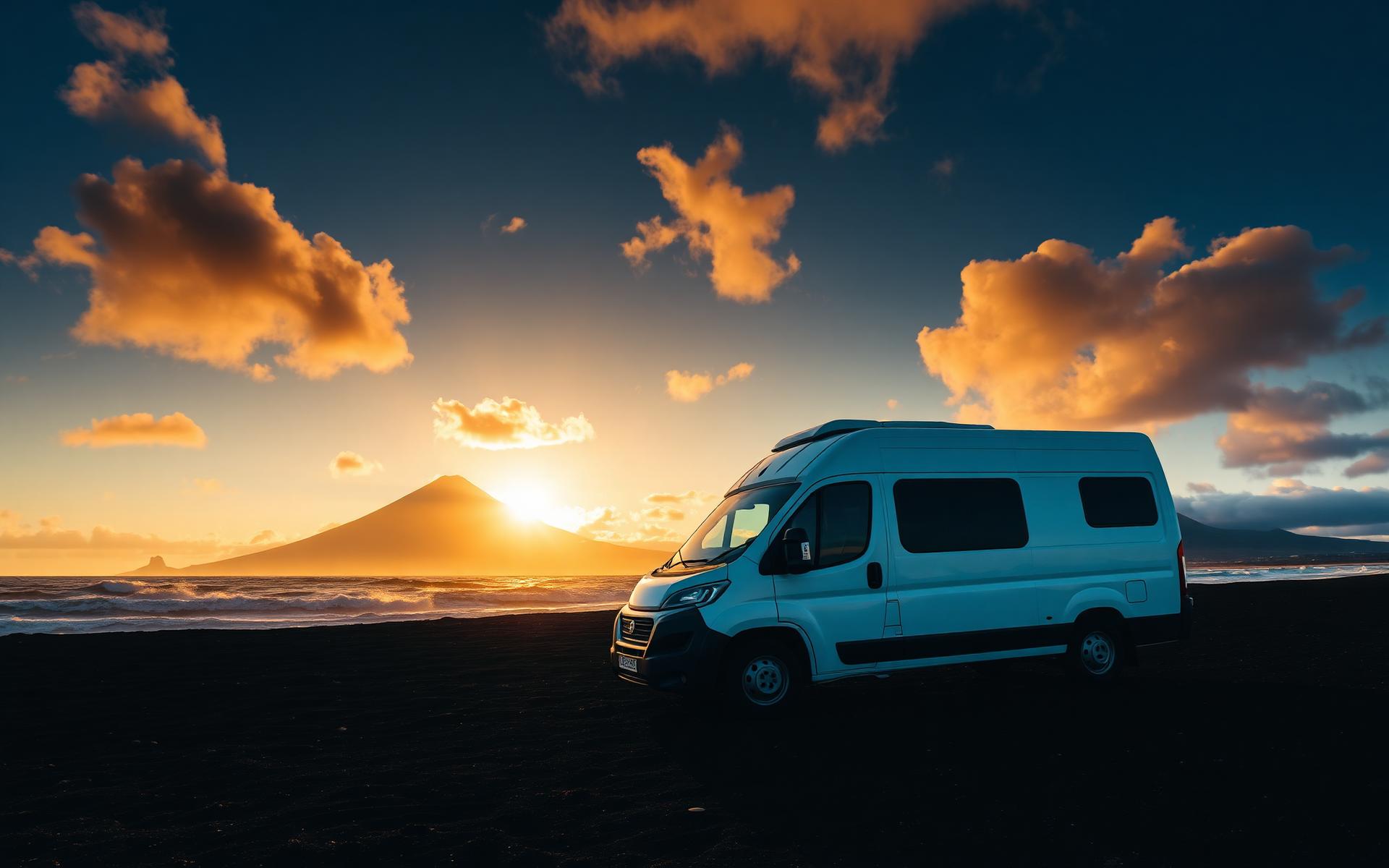 Camper van at black volcanic beach on Tenerife with Teide volcano in background